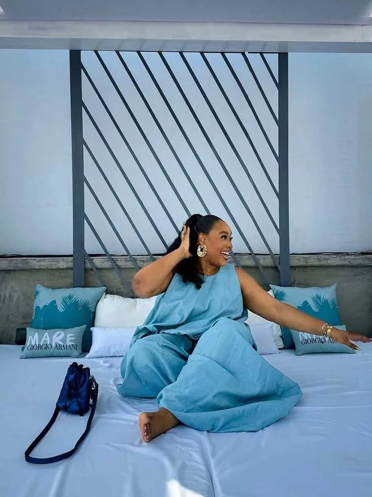 Sets for Women 2 Elegant Pieces Sky Blue Sleeveless Top and Wide Leg Pant Casual Loose Fit Summer Outfits Knit Pants Set