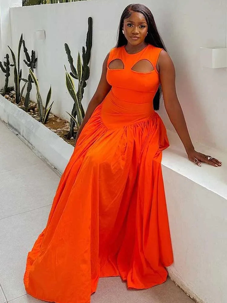 Long Summer Woman Dress Hollow Out Knitted Maxi Dress Beautiful Orange Dress for Women Elegant Party Wholesale Dropshipping