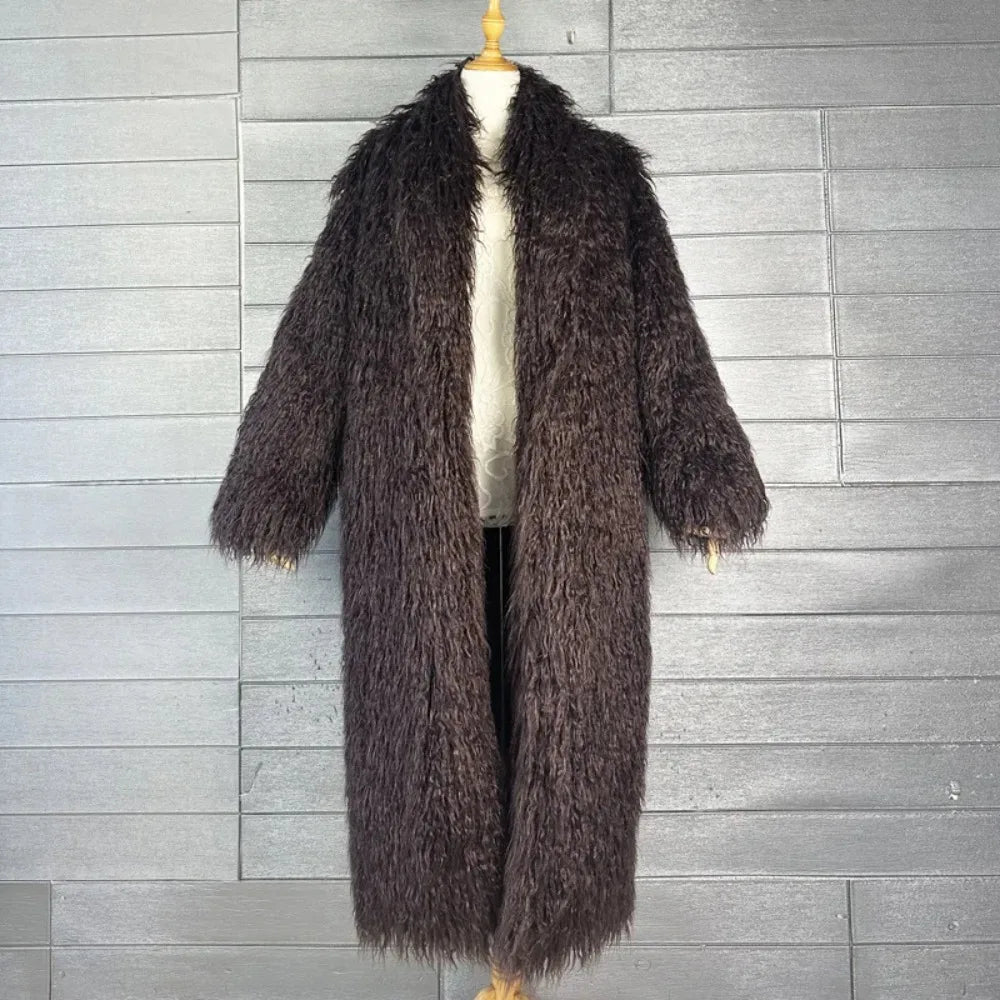 Faux Fur Jacket Women Long Coat Thick Fluffy Winter Warm Shaggy Overcoat Open