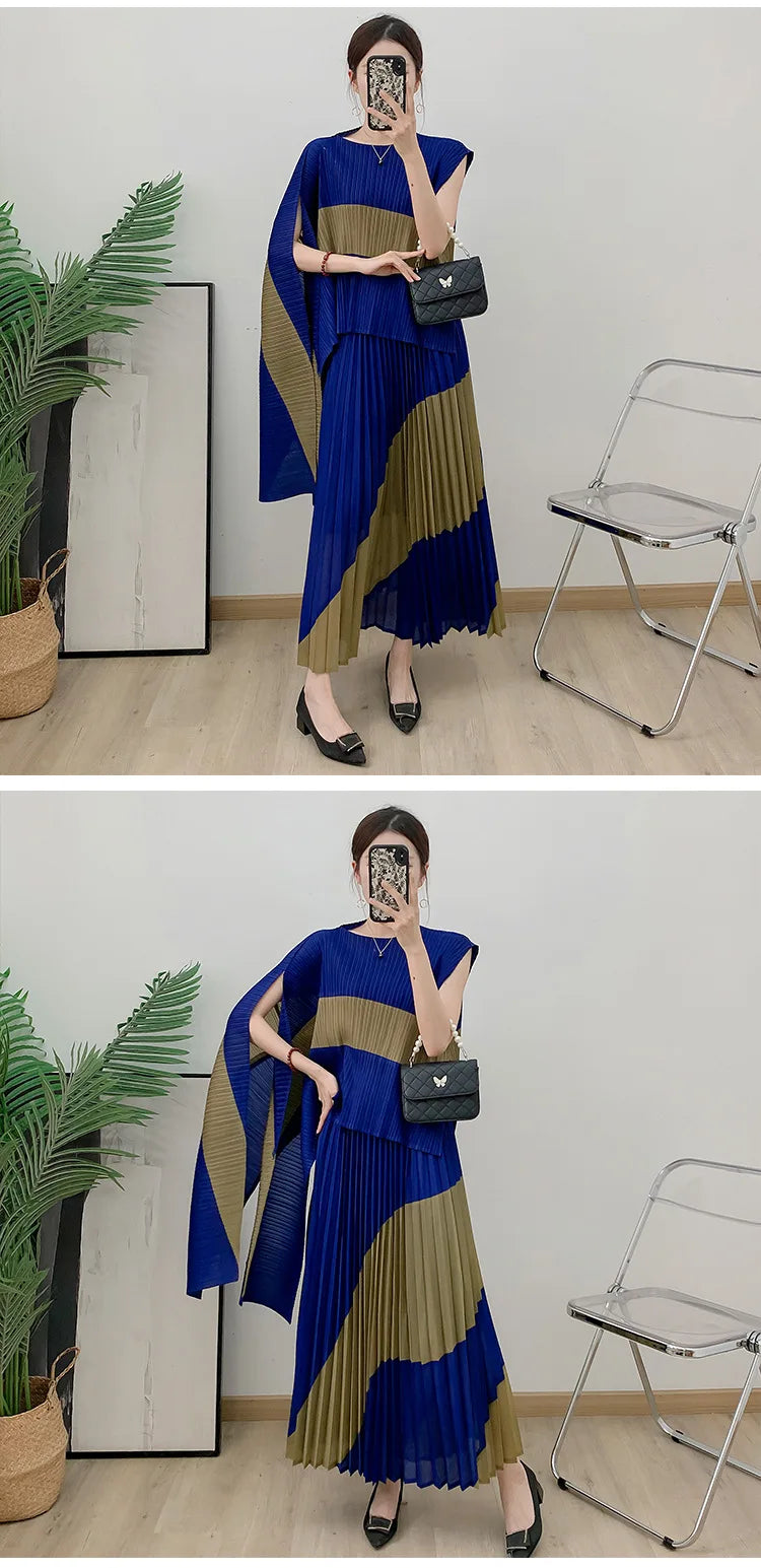 Miyake Fold 2025 Autumn Women's Color Matching New Set Shawl Irregular Top Long Elastic Waist Skirt Two-piece Set