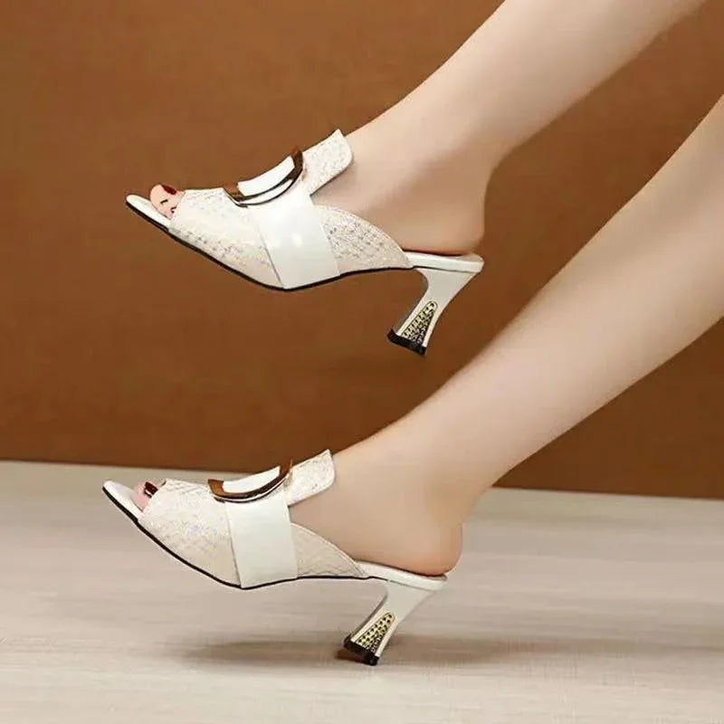 Open-toe Sandals Women 2025 Elegant Woman High Heel Shoes Summer Fashion Comfort Thick Middle Heels Slippers Metal Decoration