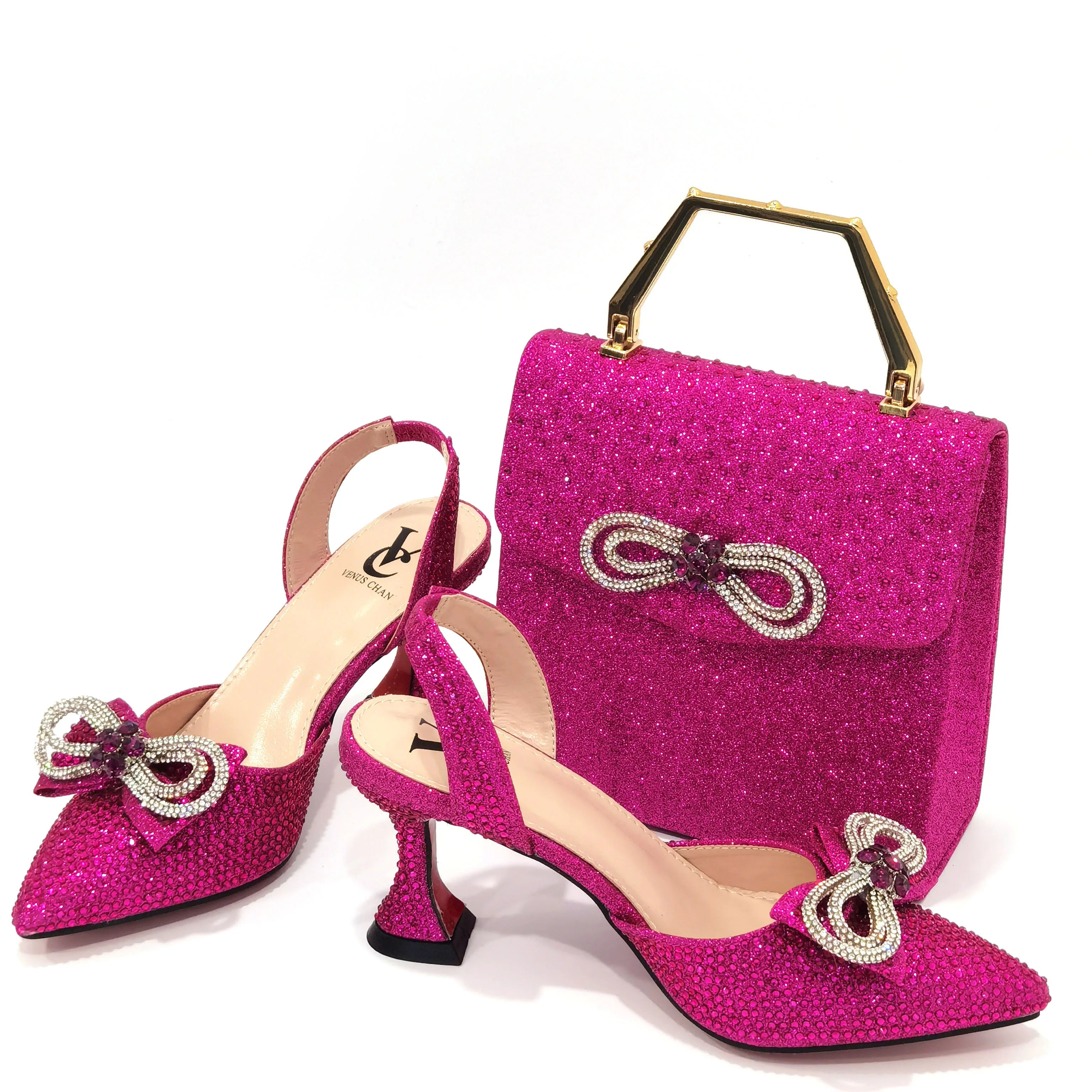 Women's Rhinestone Bow Side Italian Party Shoes And Bags Set