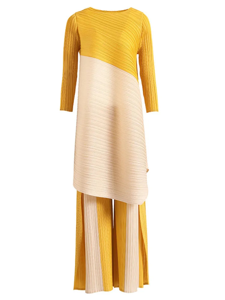 Miyake Pleated Sets Contrast Color O-neck Asymmetric Top Dress+ Loose Wide Leg Pant Two-piece Casual Suits 2022 Autumn Fashion