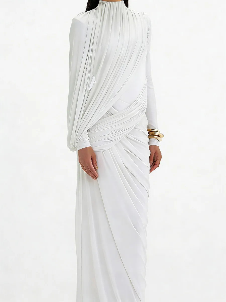 TWOTWINSTYLE Casual Spliced Folds Irregular Dresses for Women Round Neck Long Sleeves Tunic Design Sense Long Dress Female New