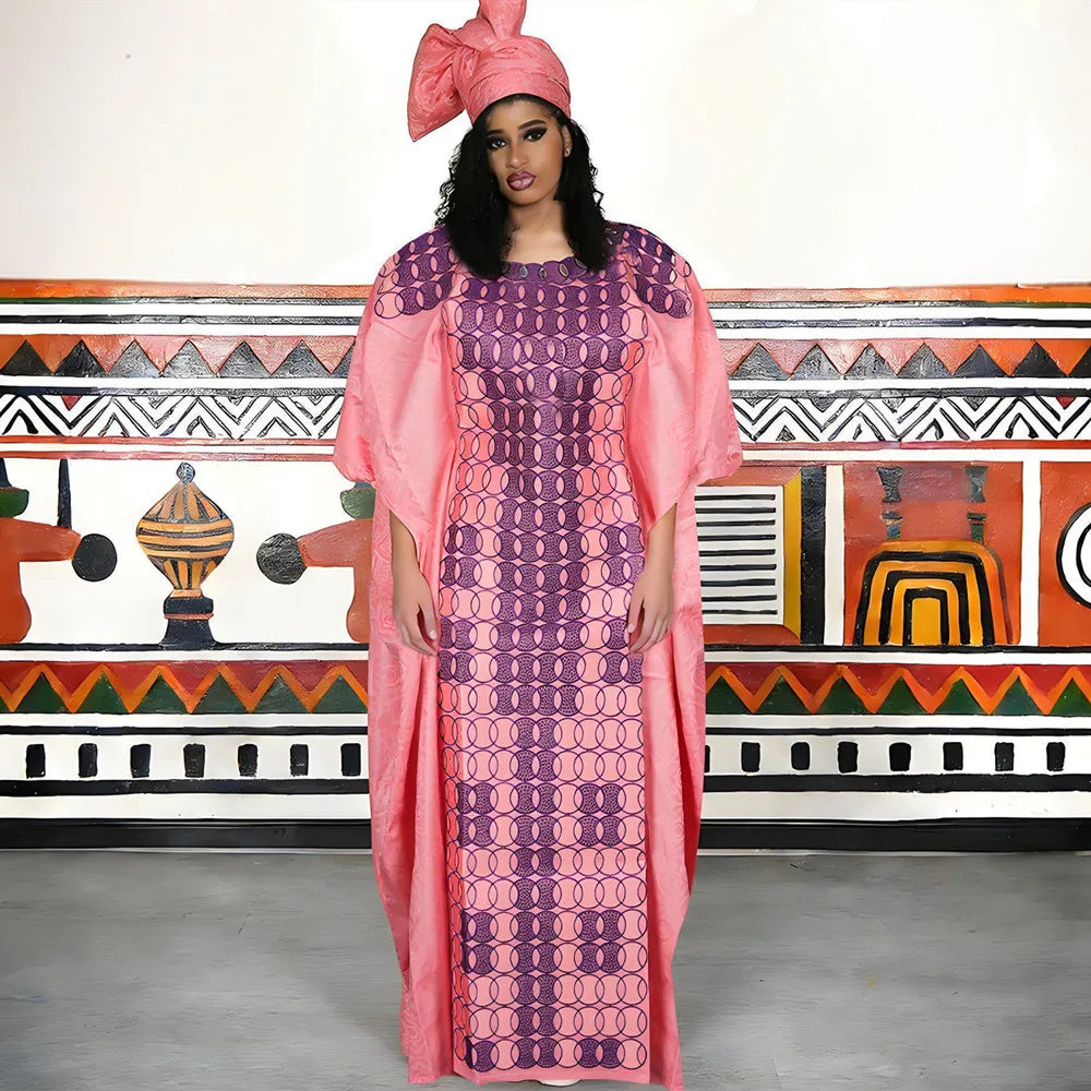 Women's Dashiki Ankara Bazin Riche Embroidery Dress & Headscarf | Wedding & Party