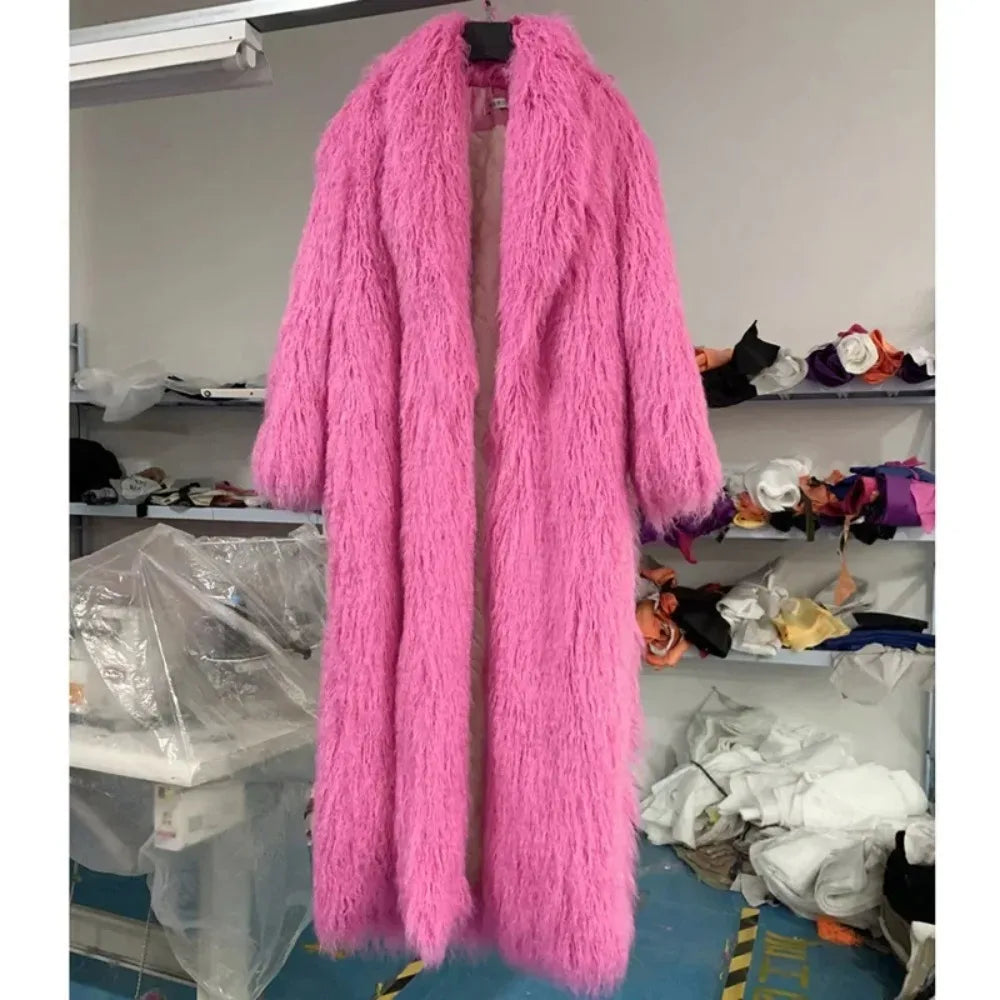 Faux Fur Jacket Women Long Coat Thick Fluffy Winter Warm Shaggy Overcoat Open