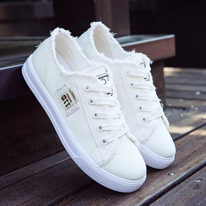Women's Denim Canvas Sneakers | Low Top Lace-Up Flat Board Shoes | HotTrendyPicks