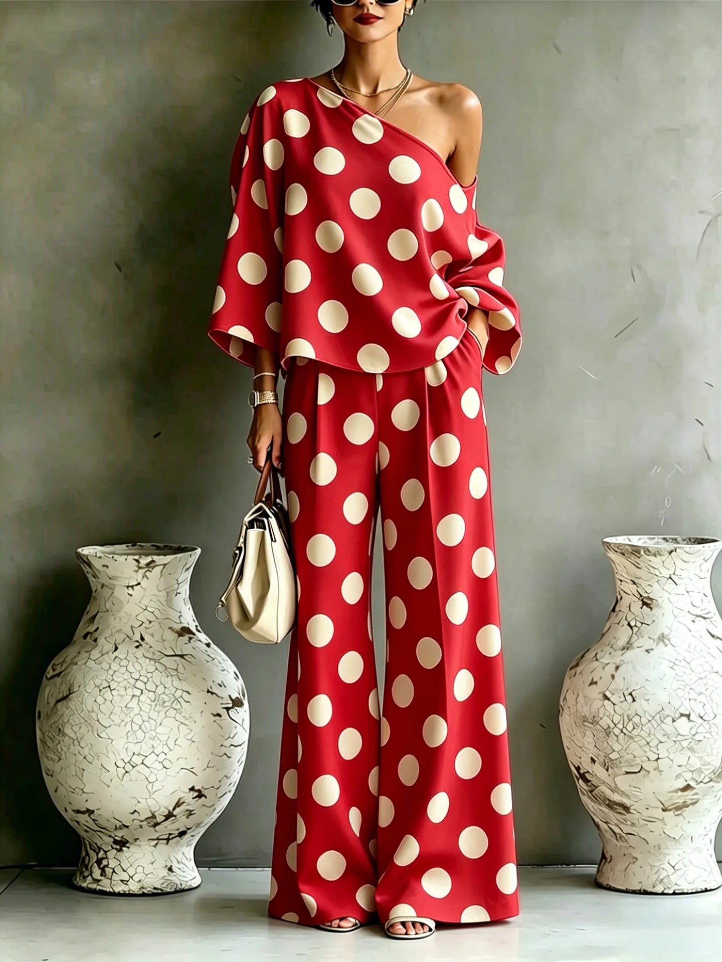 Summer Color Wave Point Set Women Slant Shoulder Open Back Top+High Waist Wide Leg Pants Vacation Style Loose 2 Piece Suit