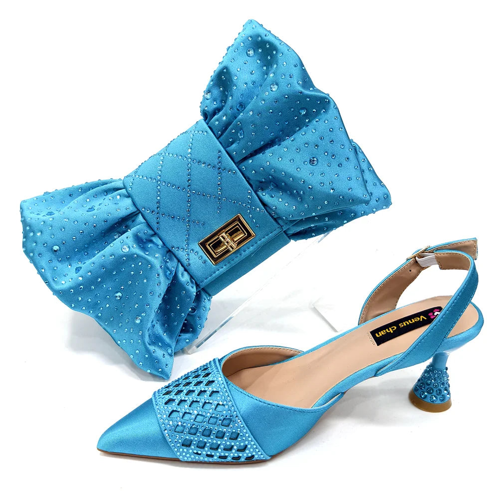 Women's Italian Party Shoes and Bag Set With Elegant Diamond Butterfly