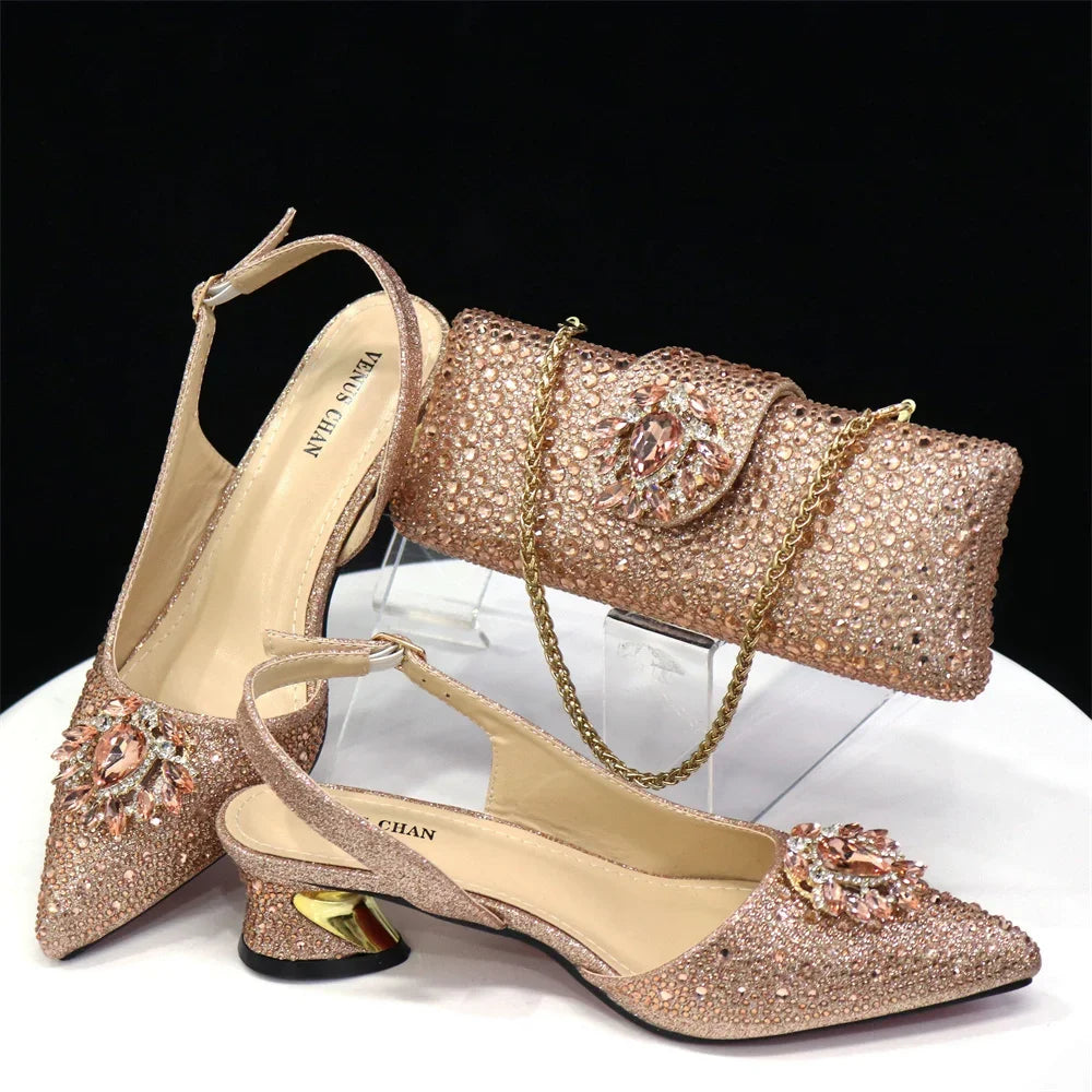 Italian Hollow Design Women Shoes Matching Bag in Champagne Color Mature African Ladies Comfortable Sandals for Party