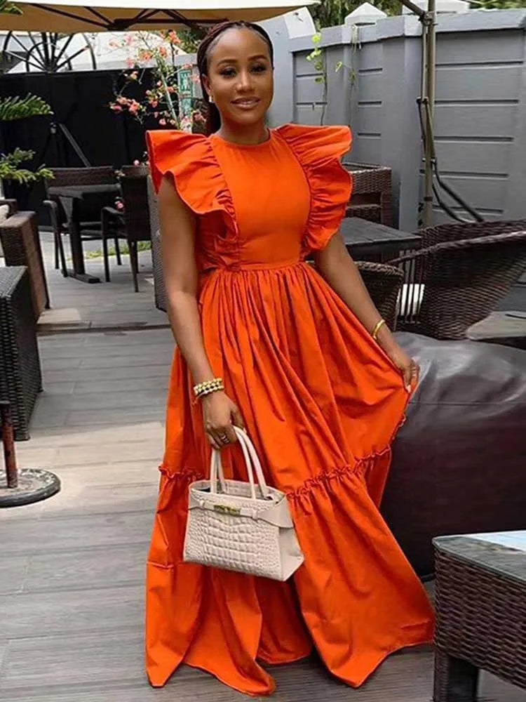 Long Summer Knitted Dress Ruffle Sleeves Casual Orange Dress Women Elegant Luxury Ladies Straight Dresses Wholesale Dropshipping