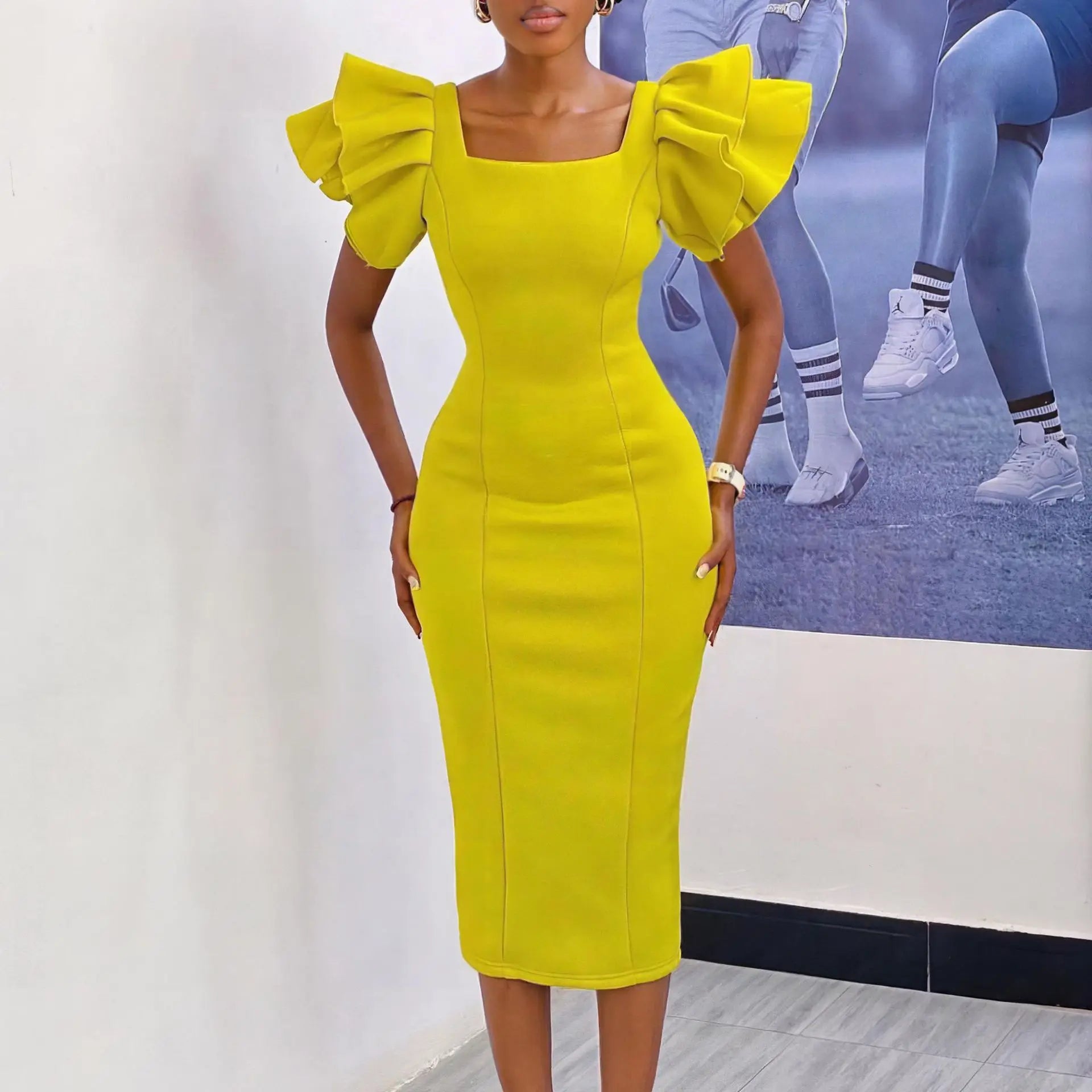 CM.YAYA Women Ruffles Short Sleeve Square Collar Knee Length Dress Street