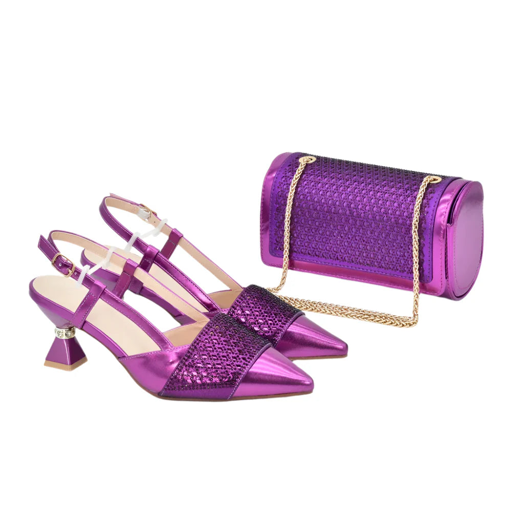 Matching Italian Shoe and Bag Decorated with Rhinestone for Women