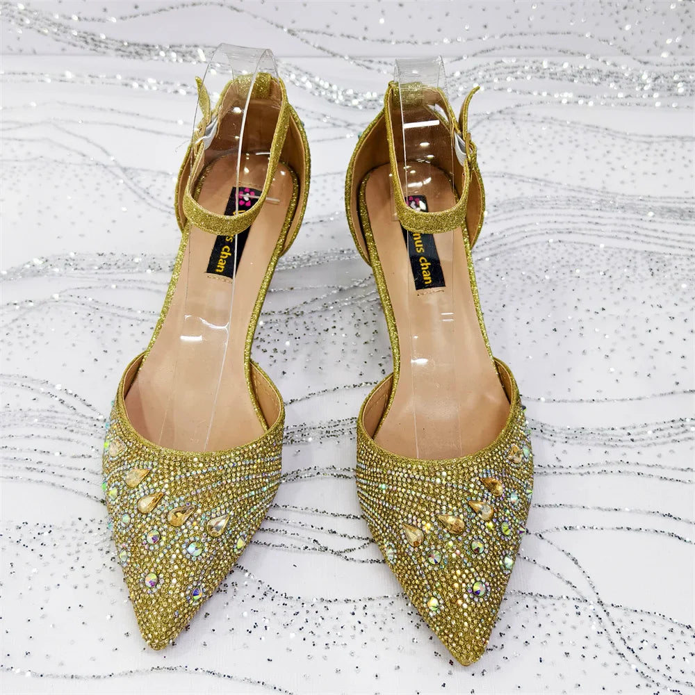 Women's Elegant Rhinestone Pointed Toe Pumps With Matching Shoes And Bag Set
