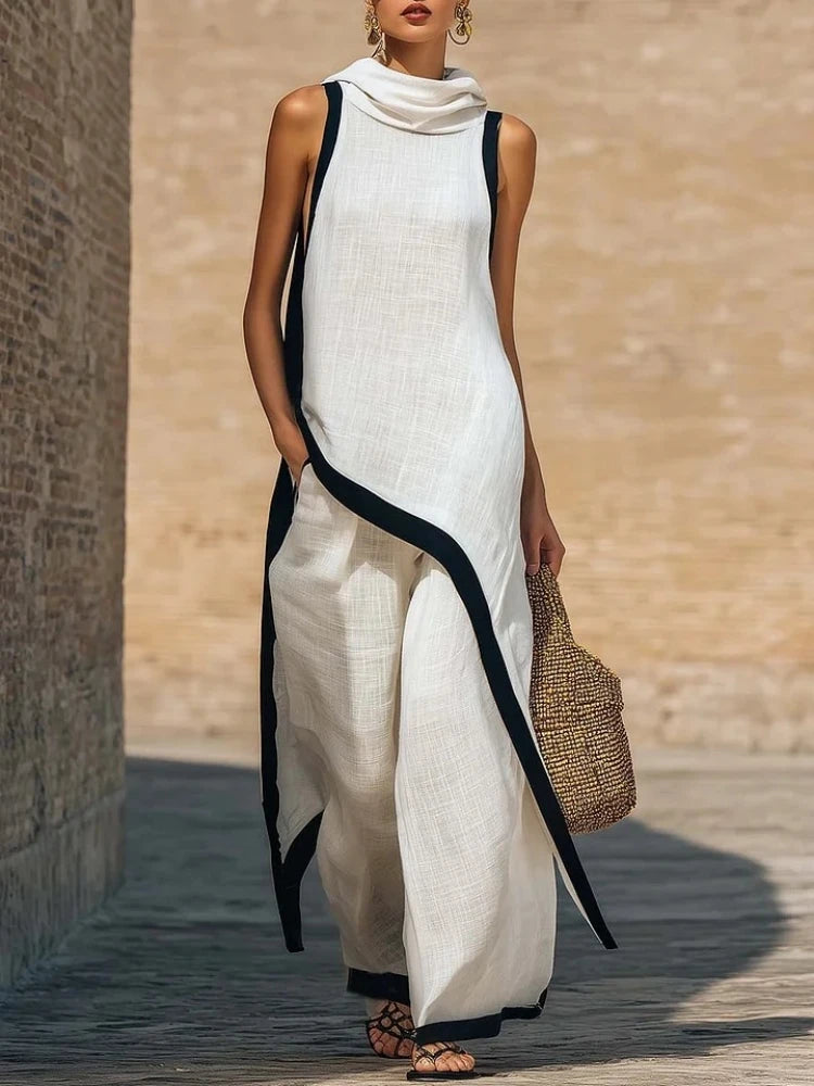 Women's Two-piece Sleeveless Contrasting Color Wide-leg Trousers Summer Casual Fashion Solid Color Irregular Suit For Women