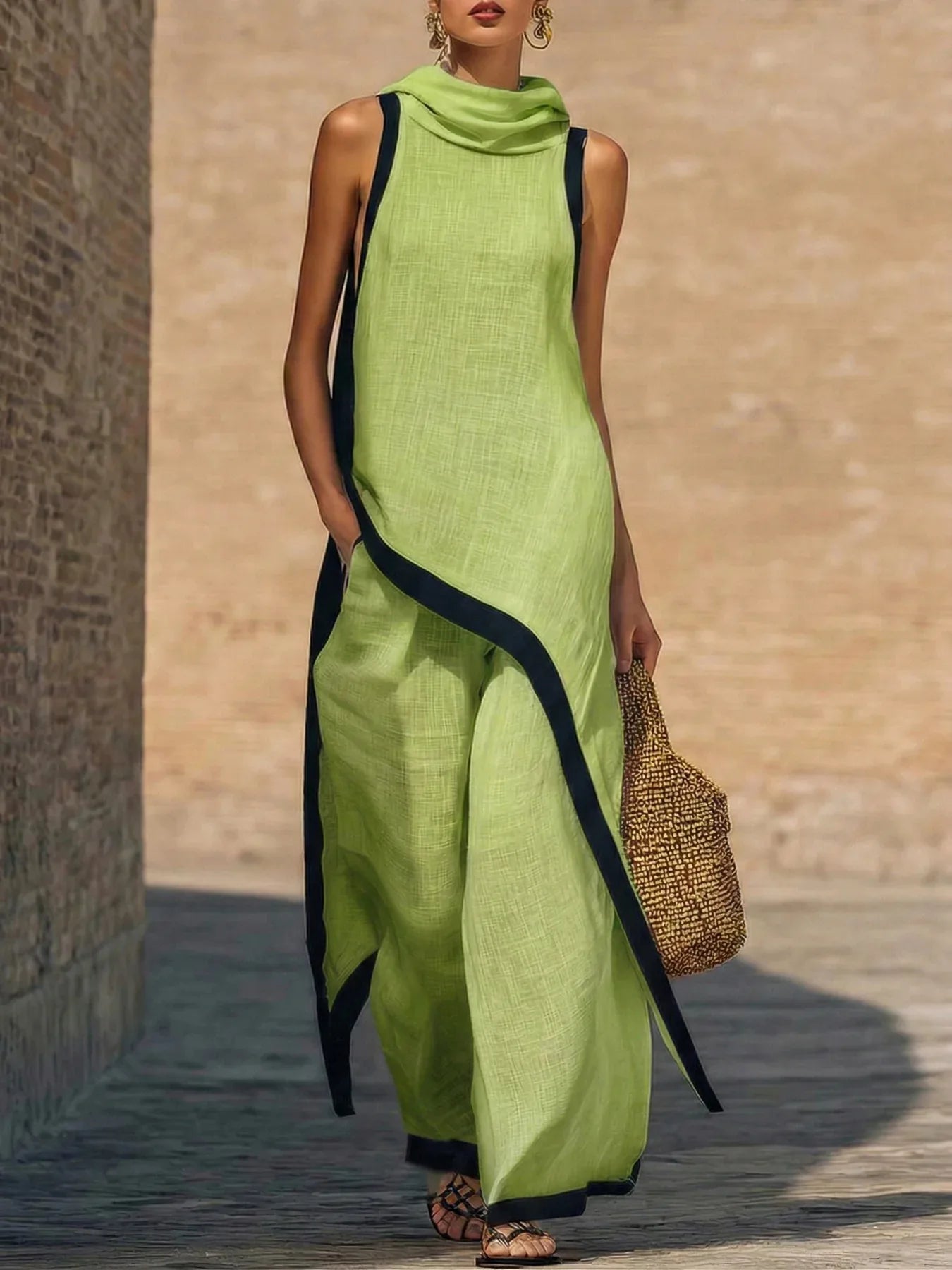 Women's Two-piece Sleeveless Contrasting Color Wide-leg Trousers 2026 Summer Casual Fashion Solid Color Irregular Suit For Women