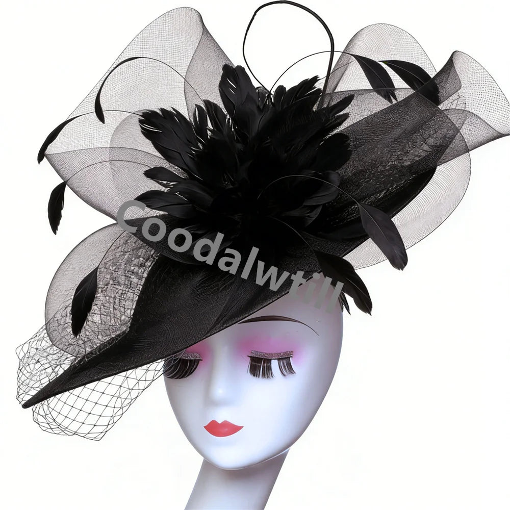Ladies Veils Feather Hair Pillbox Fascinator Hat Women Elegant Church Derby Big Headpiece Ladies Race Party Chapeau Cap Party