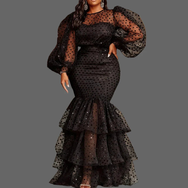 Women's Polka Dot Sheer Organza O Neck Long Lantern Sleeve Ruffles Dress