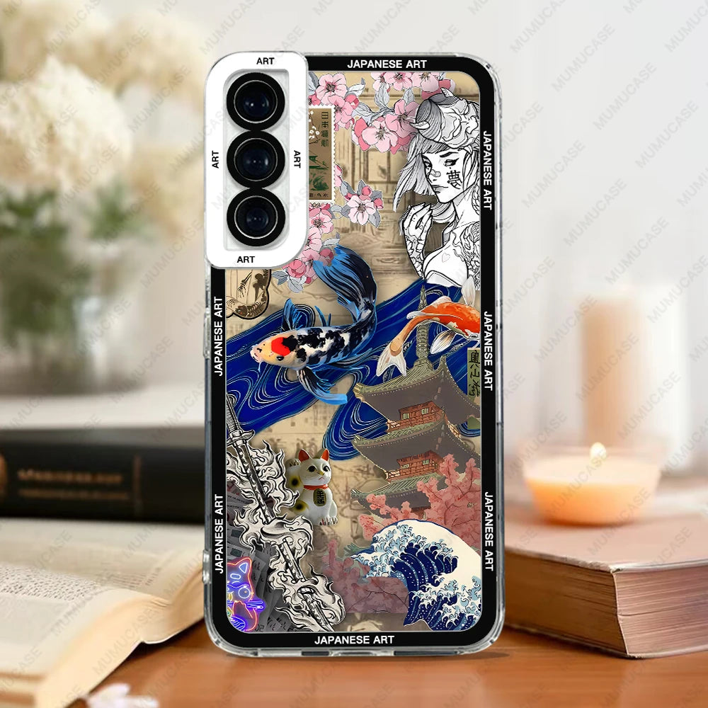 Phone Case For Samsung Galaxy S20 S21 S22 S23 S24 FE Plus Ultra A54 A53 A52 A34 5G TPU Soft Cover Japanese Art Stickers