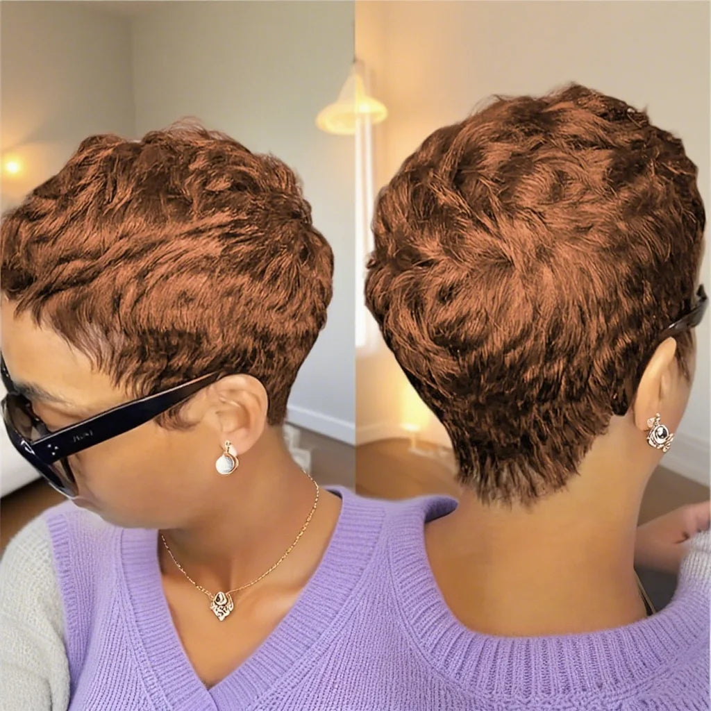 Short Pixie Cut Wig  With Bangs Human Hair 180 Density For Women Machine Made Wig