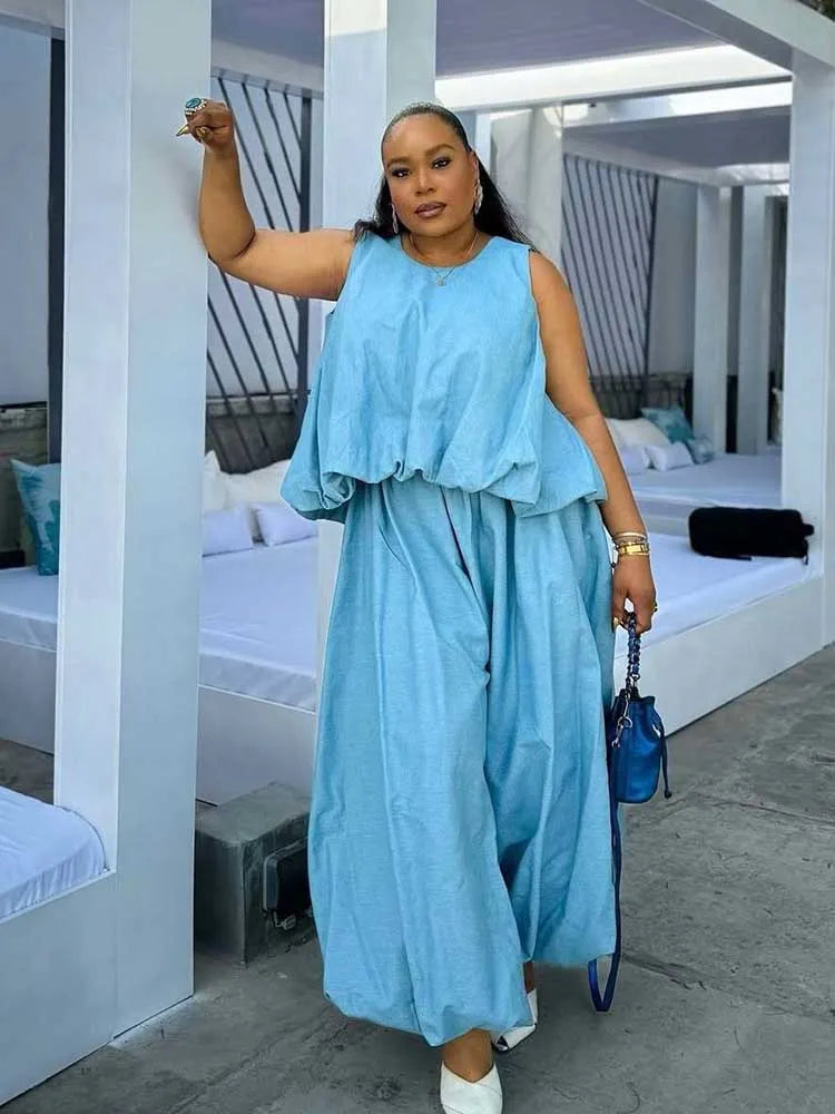 Sets for Women 2 Elegant Pieces Sky Blue Sleeveless Top and Wide Leg Pant Casual Loose Fit Summer Outfits Knit Pants Set