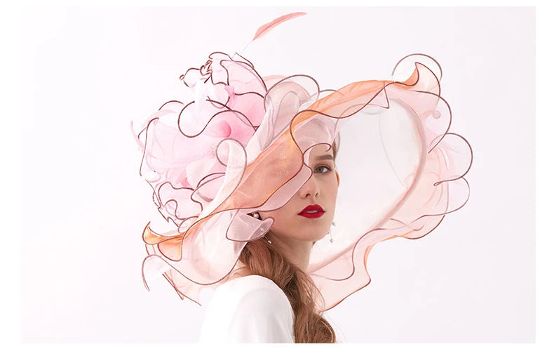 Summer Organza Kentucky Derby Hats For Women Elegant Fascinator Hats Ladies Large Wide Brim Church Wedding Hat With Big Flower