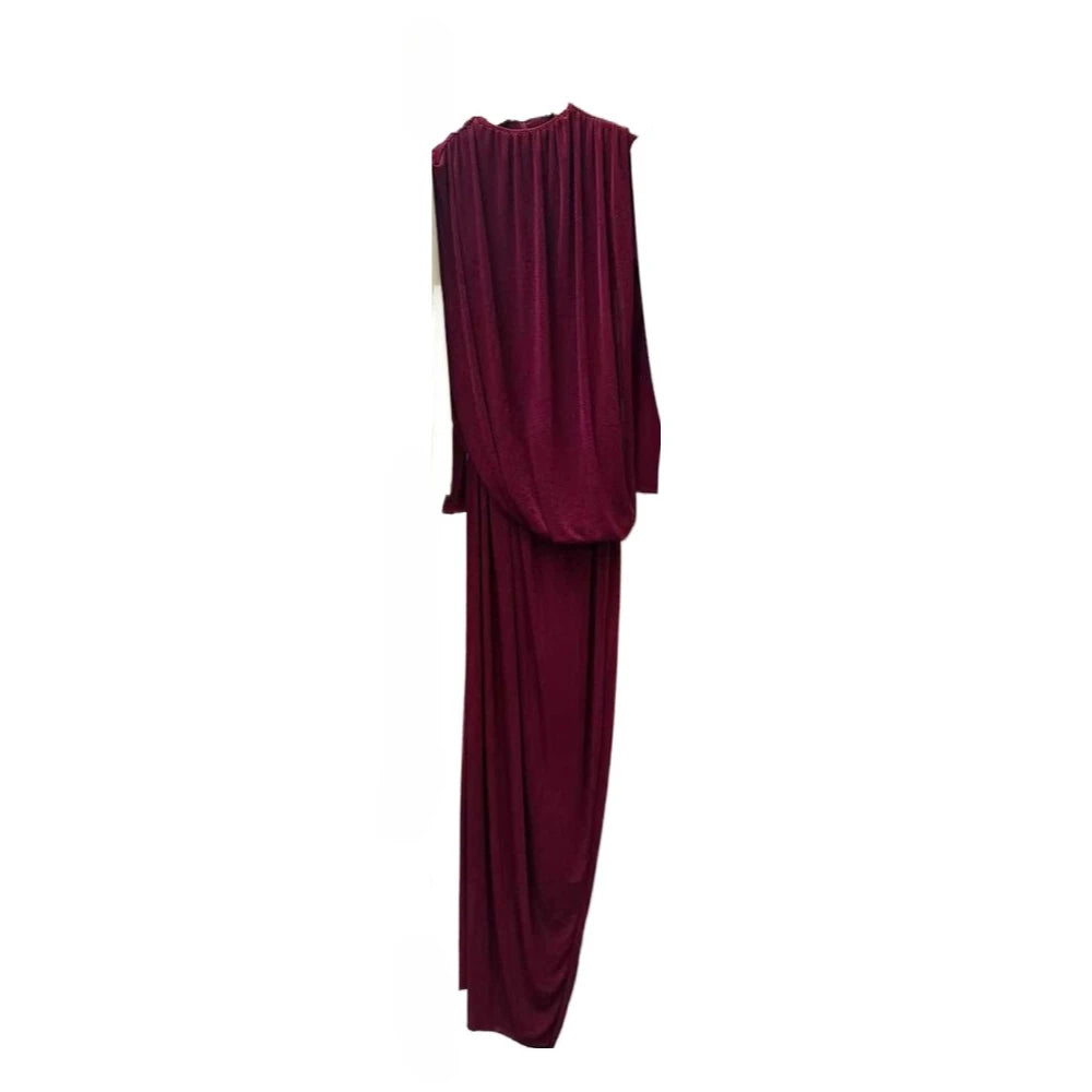 Spliced Folds Irregular Women Round Neck Long Sleeves Tunic Design Sense Long Dress