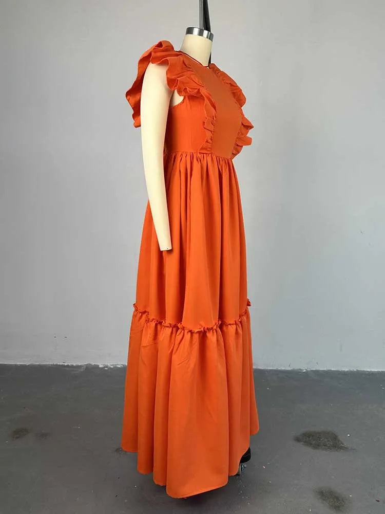 Long Summer Knitted Dress Ruffle Sleeves Casual Orange Dress Women Elegant Luxury Ladies Straight Dresses Wholesale Dropshipping