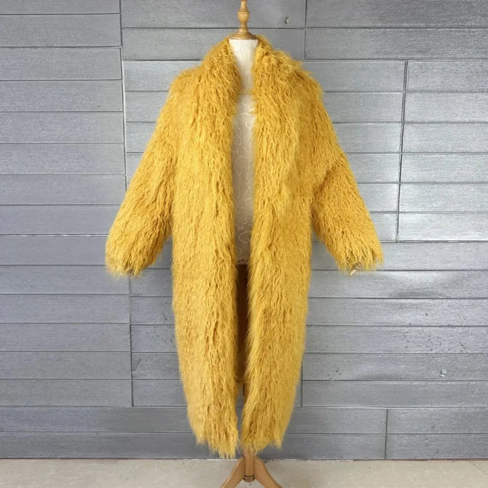 Faux Fur Jacket Women Long Coat Thick Fluffy Winter Warm Shaggy Overcoat Open
