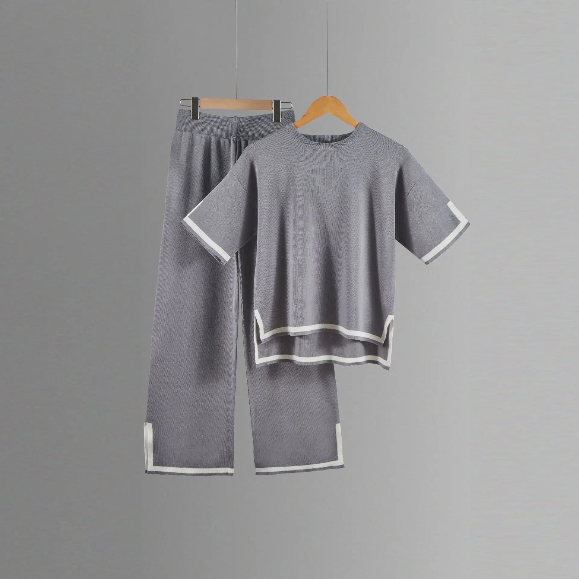 Two-piece Summer New Knitted Elegant Trousers Suit Short-sleeved Pullover Wide-leg Pants Casual Home Two-piece Women's Set