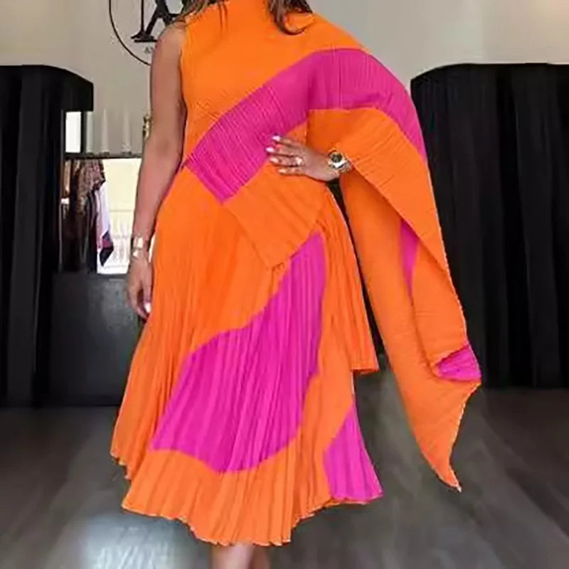 Miyake Fold 2025 Autumn Women's Color Matching New Set Shawl Irregular Top Long Elastic Waist Skirt Two-piece Set