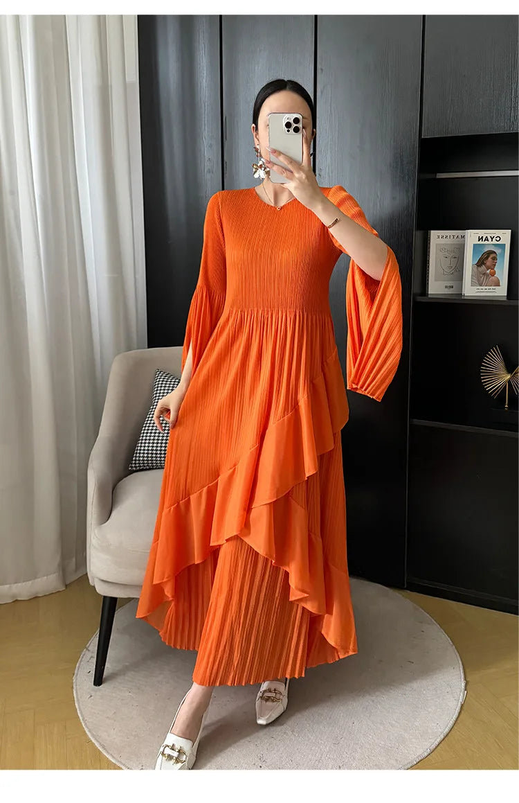 Miyake Folds 2024 Spring New Ruffled Dress Solid Color Plus Size Long Skirt