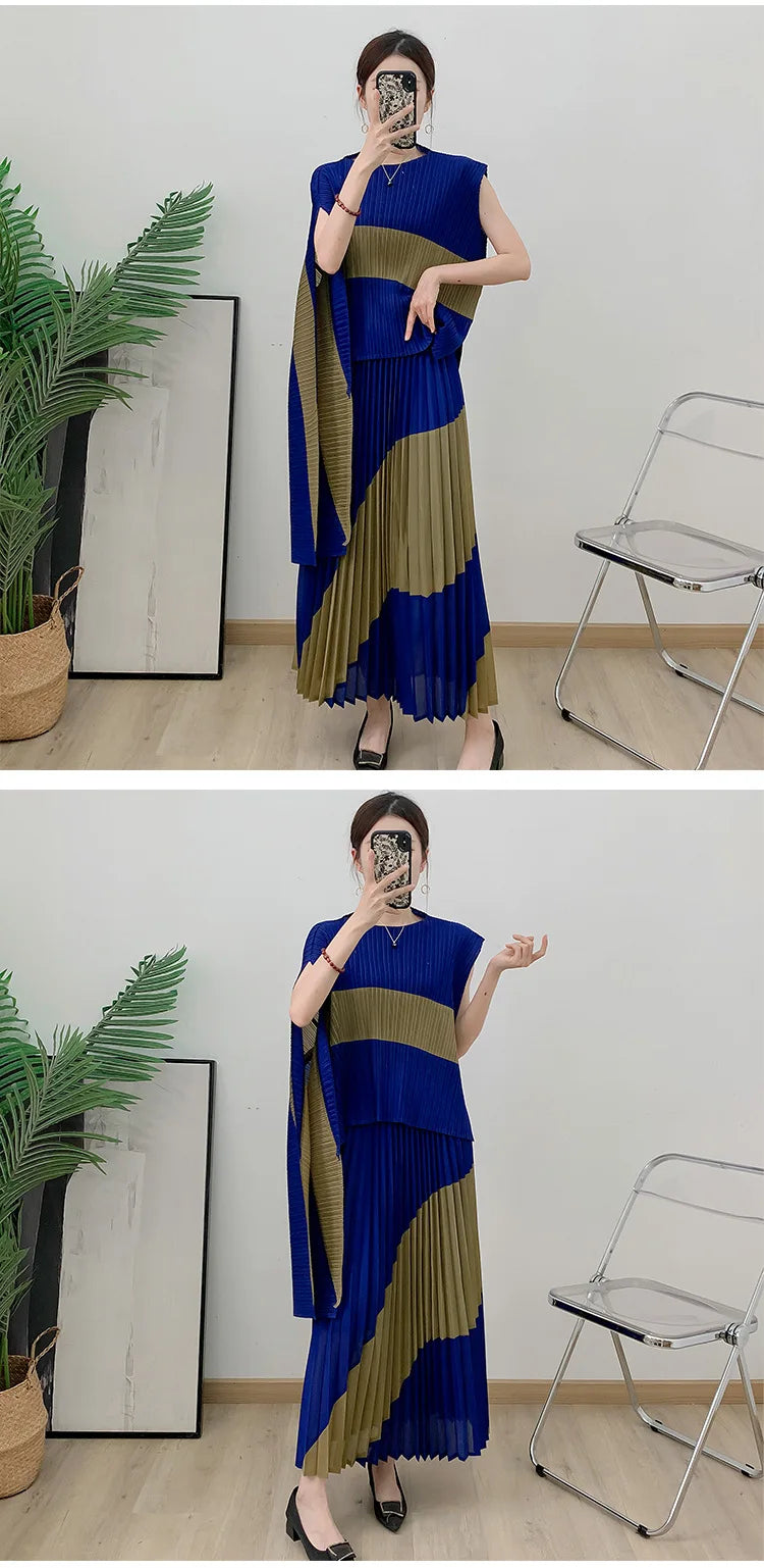 Miyake Fold 2025 Autumn Women's Color Matching New Set Shawl Irregular Top Long Elastic Waist Skirt Two-piece Set