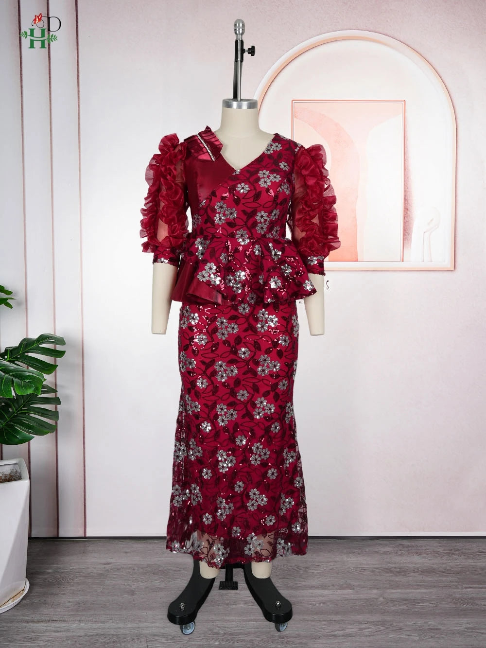 African Dresses For Couple Burgundy Traditional Men 3PCS Embroidered Outfit Set Sequin Floral Mermaid Robe Wedding Party Dress
