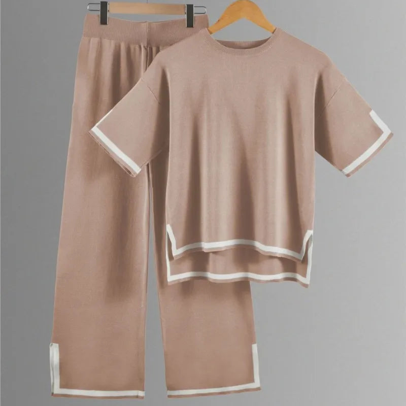 Two-piece Summer New Knitted Elegant Trousers Suit Short-sleeved Pullover Wide-leg Pants Casual Home Two-piece Women's Set