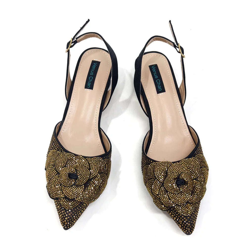 Women's Pointed-Toe Large Flower Decoration Rhinestone Low Heel Italian Shoes and Bags Set