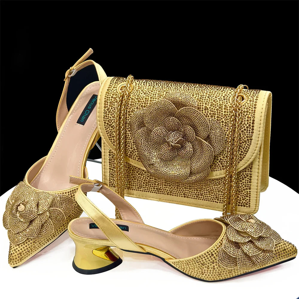 Women's Pointed-Toe Large Flower Decoration Rhinestone Low Heel Italian Shoes and Bags Set