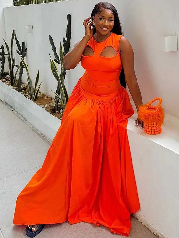 Long Summer Woman Dress Hollow Out Knitted Maxi Dress Beautiful Orange Dress for Women Elegant Party Wholesale Dropshipping