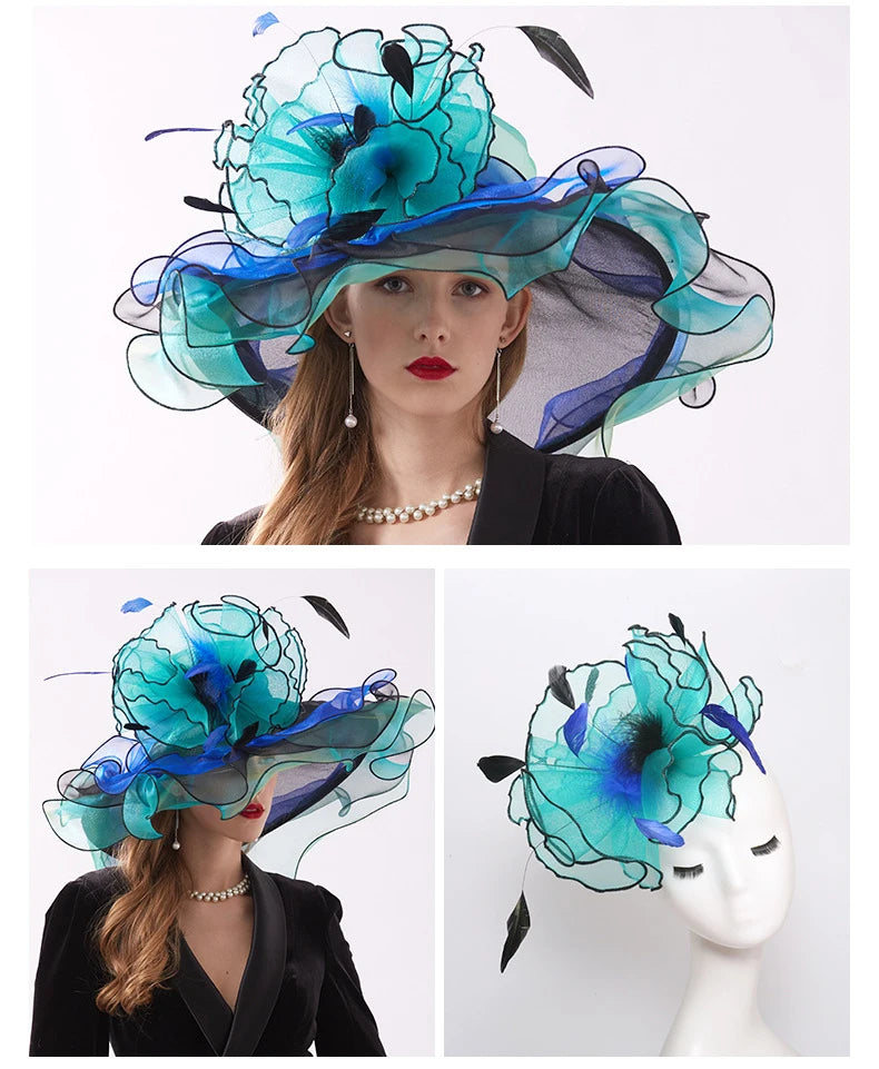 Summer Organza Kentucky Derby Hats For Women Elegant Fascinator Hats Ladies Large Wide Brim Church Wedding Hat With Big Flower