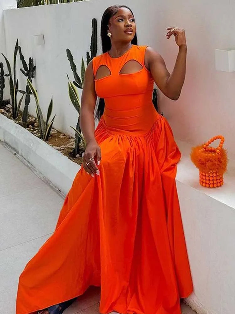 Long Summer Woman Dress Hollow Out Knitted Maxi Dress Beautiful Orange Dress for Women Elegant Party Wholesale Dropshipping