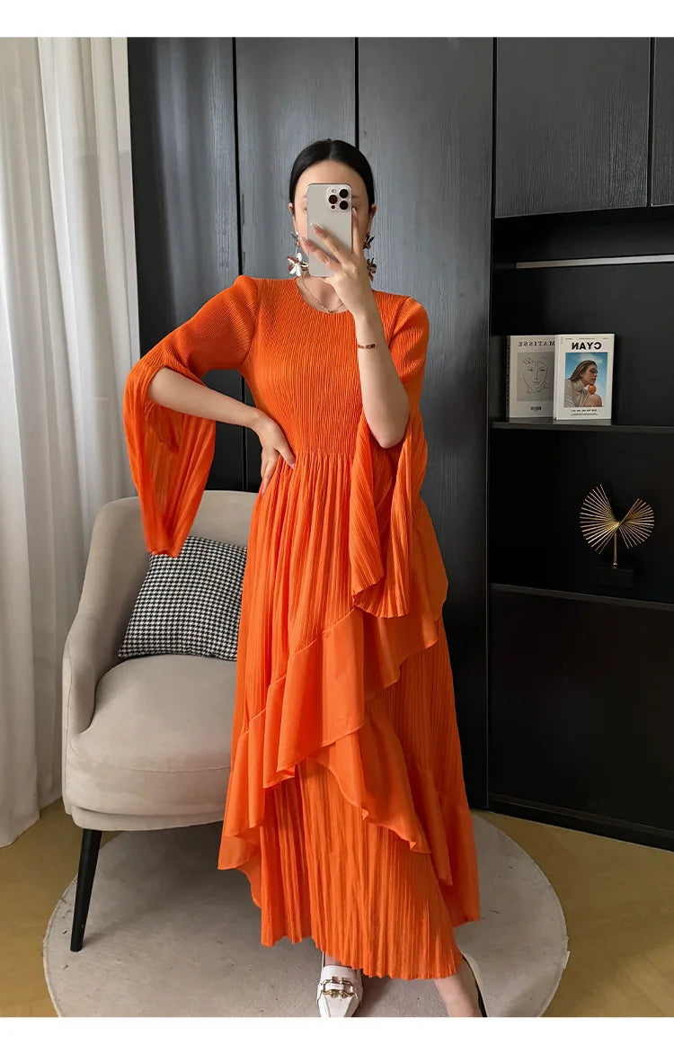 Miyake Folds 2024 Spring New Ruffled Dress Solid Color Plus Size Long Skirt
