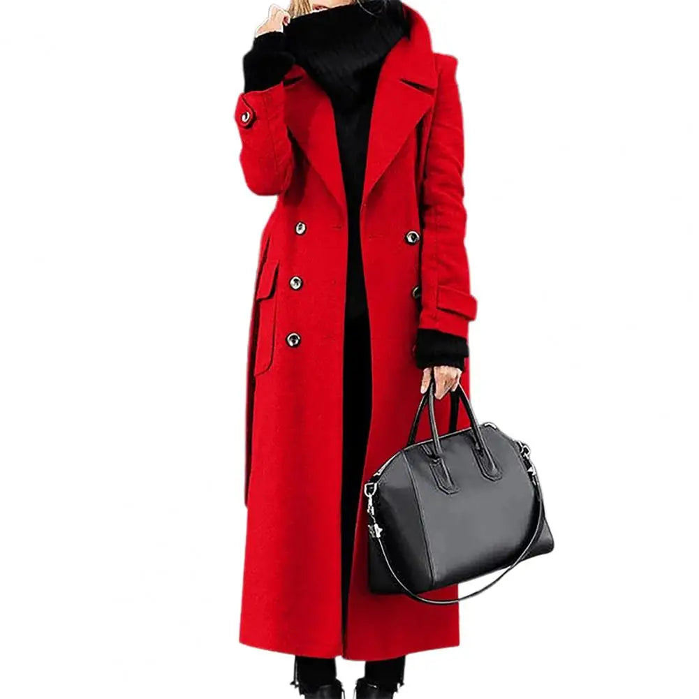 Women's Woollen Double-breasted Mid-calf Long Sleeves Jacket