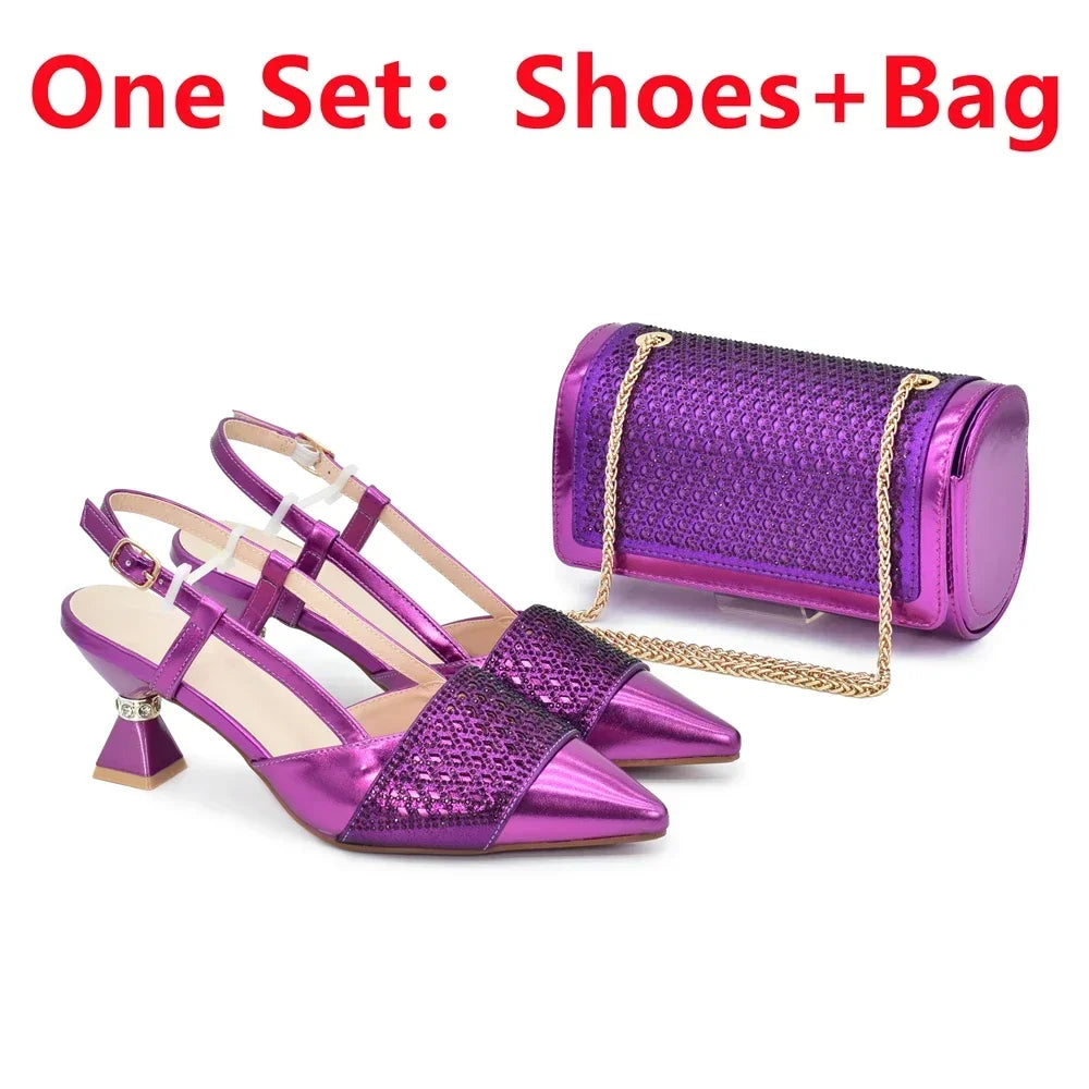 Matching Italian Shoe and Bag Decorated with Rhinestone for Women