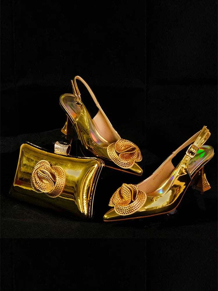Elegant Shoe and Bag Bright Banquet African Women's tie Pointed Toe High Heels