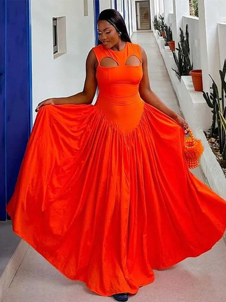 Long Summer Woman Dress Hollow Out Knitted Maxi Dress Beautiful Orange Dress for Women Elegant Party Wholesale Dropshipping