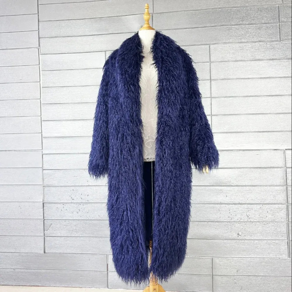 Faux Fur Jacket Women Long Coat Thick Fluffy Winter Warm Shaggy Overcoat Open
