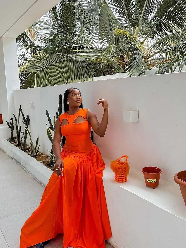 Long Summer Woman Dress Hollow Out Knitted Maxi Dress Beautiful Orange Dress for Women Elegant Party Wholesale Dropshipping