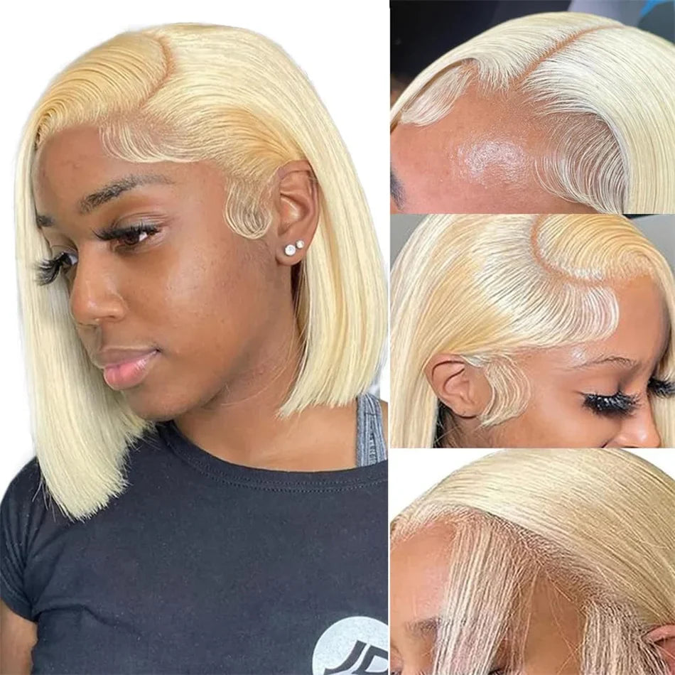 100% Vietnamese Super Double Drawn Bone Straight 13x4 Frontal Bob Wig with Human Hair 613Honey Blond 210%Density For Black Women