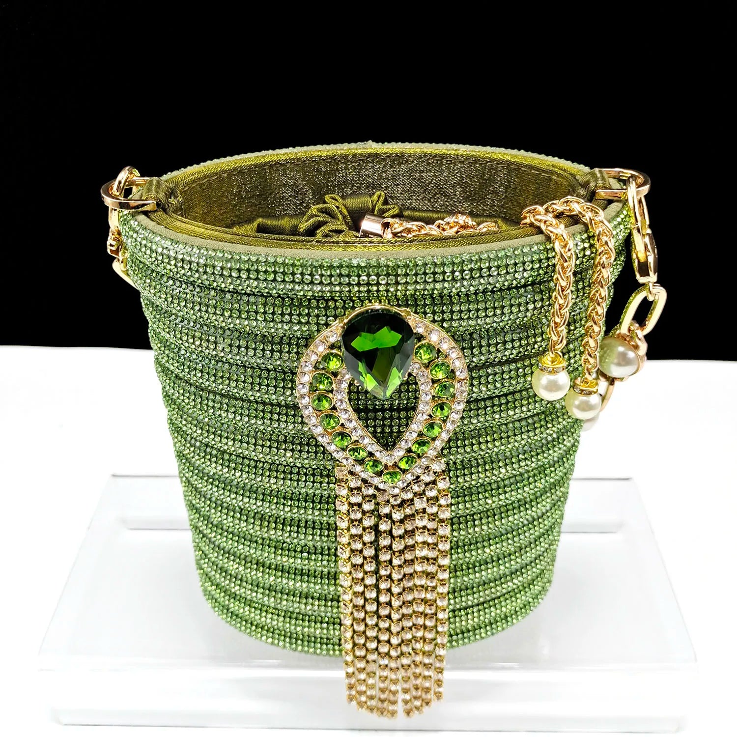 Olive Colour Personalised Design Rhinestone Decoration High Heel Peep Toe Banquet Ladies Shoes And Bag Set