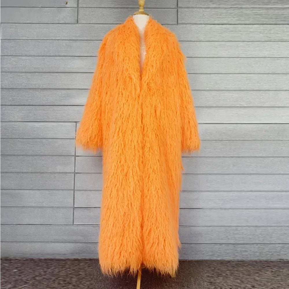 Faux Fur Jacket Women Long Coat Thick Fluffy Winter Warm Shaggy Overcoat Open